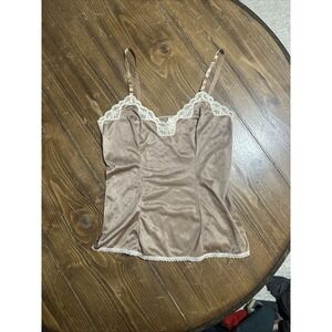 Vintage Satiny Lace Camisole Tank Cami Taupe Nude 100% Nylon Size Medium M